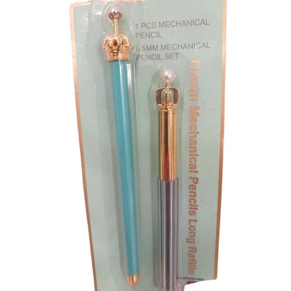 Fancy CROWN & Pearl Top Mechanical Pencil Set w Refills .5MM King Queen Royal